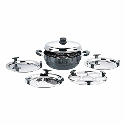 Vinod Hard Anodised Multi Kadai with Idli, Dhokla and Patra Plates Induction Base Idli Maker Dhokla Maker Patra Maker Multi Steamer