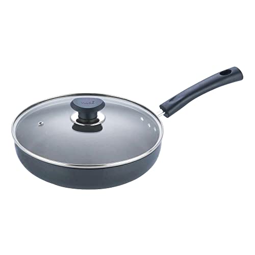 VINOD Black Pearl Hard Anodised Cookware Induction Friendly Frypan Frying Pan with Vented Lid Saute Saucepan for Kitchen 24cm (Pack of 1) (Dishwasher Safe)