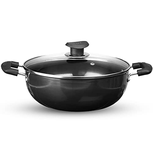 Vinod Hard Anodised Deep Kadai Karai Wok with Glass Lid - Diameter: 24cm