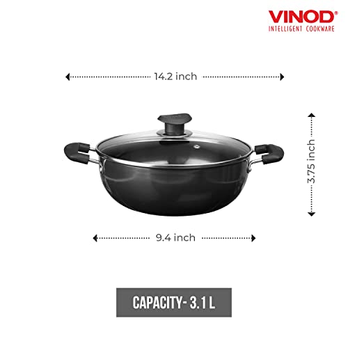 Vinod Black Pearl Hard Anodized Deep Kadhai with Glass Lid – Black - 3.1 Liters (3.2 Quarts) – 24cm – Riveted Handles - Multi-Use Pot/ Wok - Suitable For Indian Cooking, Sauces, Pasta, Stews, Soups