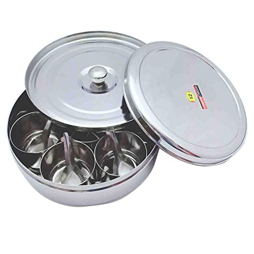 Masala Dabba masala box, stainless steel spice box indian masala dabba Stainless Steel Masala Dabba 7 Container Double Lid Spice Container Box with 7 Spoons Kitchen Spice Box Spice Box for Chefs