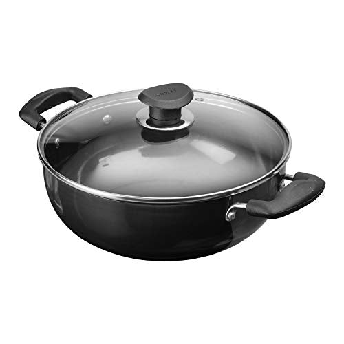 Vinod Black Pearl Hard Anodized Deep Kadhai with Glass Lid – Black - 3.1 Liters (3.2 Quarts) – 24cm – Riveted Handles - Multi-Use Pot/ Wok - Suitable For Indian Cooking, Sauces, Pasta, Stews, Soups