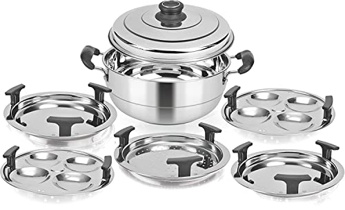 KSJONE Stainless Steel Idli Cooker Multi Kadai Steamer with Induction Friendly Bottom All-in-One Big Size 5 Plate 2 Idli | 2 Dhokla | 1 Patra | Momo&