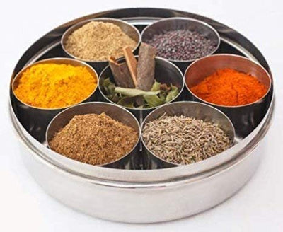 WhopperIndia Stainless steel Round Spice box Kitchen Masala Dabba 7 Compartments Double Lid, 9 Inch (Silver)