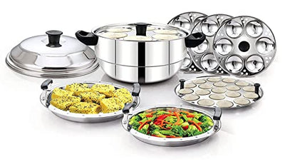 Stainless Steel Multi Kadai, Idli/Dhokla/Momos Maker & Steamer (24 idlis,2 Patra Plates, 1 Mini Idli Plate)