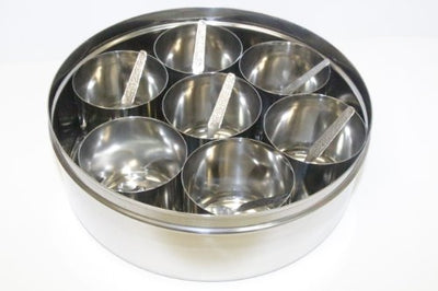 Tabakh Stainless Steel Masala Dabba/Spice Container Box with 7 Spoons - Clear Lid