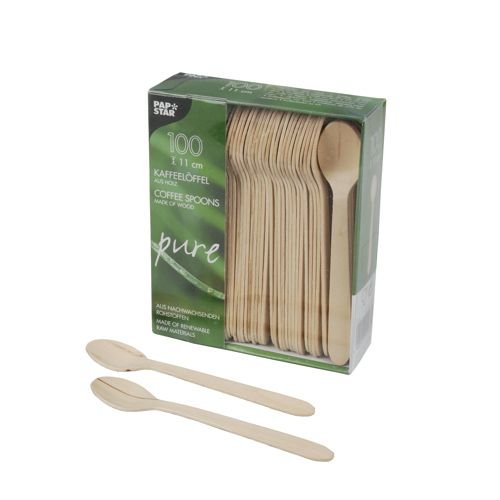 Papstar pure 10085, 100 wooden coffee - tea spoons, made of light birch wood, 11 centimeter