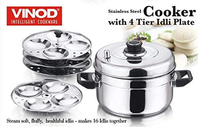 Vinod Idli Cooker Stainless Steel 4 Plates Stand 16 Idly Cooking