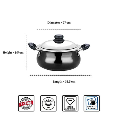 Vinod Pearl Hard Anodised Handi with Stainless Steel Lid, 5 L, Black