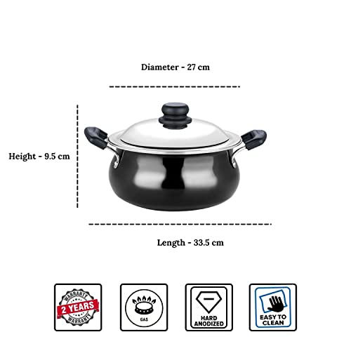 Vinod Pearl Hard Anodised Handi with Stainless Steel Lid, 5 L, Black