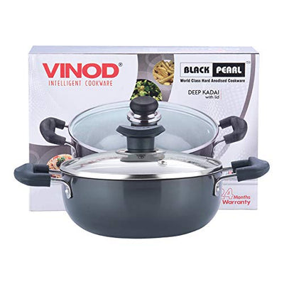 Vinod Cookware Deep Kadai With Lid Black 2.1 Litres
