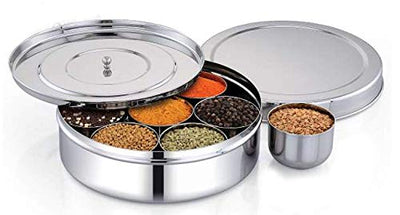 Masala Dabba masala box, stainless steel spice box indian masala dabba Stainless Steel Masala Dabba 7 Container Double Lid Spice Container Box with 7 Spoons Kitchen Spice Box Spice Box for Chefs