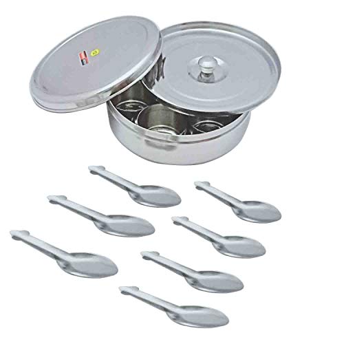 Masala Dabba masala box, stainless steel spice box indian masala dabba Stainless Steel Masala Dabba 7 Container Double Lid Spice Container Box with 7 Spoons Kitchen Spice Box Spice Box for Chefs