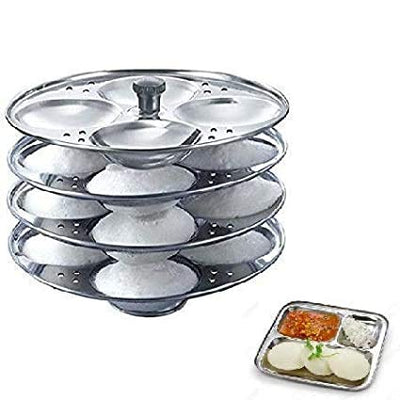 100% Stainless Steel Idli Stand | 4 Plates | 16 Idli Capacity |Fine Quality | Idli Plates | Steamer | Sancha | Kitchen Accessories | Rice Cake | 4 Tier Idly Maker | Easy Use