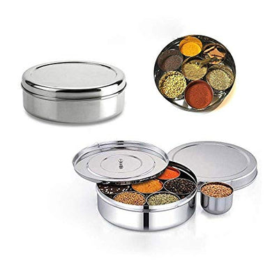 Masala Dabba masala box, stainless steel spice box indian masala dabba Stainless Steel Masala Dabba 7 Container Double Lid Spice Container Box with 7 Spoons Kitchen Spice Box Spice Box for Chefs