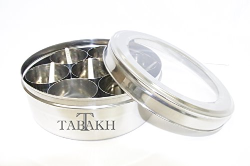 Tabakh Stainless Steel Masala Dabba/Spice Container Box with 7 Spoons - Clear Lid