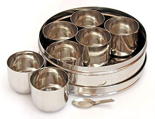 WhopperIndia Stainless steel Round Spice box Kitchen Masala Dabba 7 Compartments Double Lid, 9 Inch (Silver)