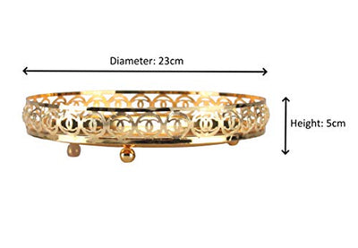 Gold Serving Tray Round Decorative Mirror Polished Paandan Tray Plated Engraved Tray Centrepiece Tealight Candles Plate Tea Fruit Platter Snacks Cupcake Drinks Serving Tray 23cm (Style 3 - Gold)