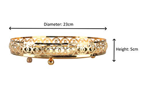 Gold Serving Tray Round Decorative Mirror Polished Paandan Tray Plated Engraved Tray Centrepiece Tealight Candles Plate Tea Fruit Platter Snacks Cupcake Drinks Serving Tray 23cm (Style 3 - Gold)