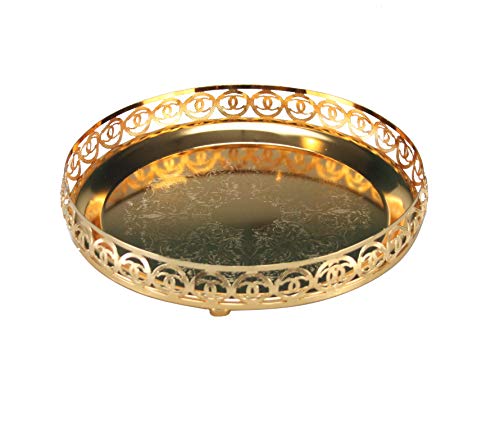 Gold Serving Tray Round Decorative Mirror Polished Paandan Tray Plated Engraved Tray Centrepiece Tealight Candles Plate Tea Fruit Platter Snacks Cupcake Drinks Serving Tray 23cm (Style 3 - Gold)