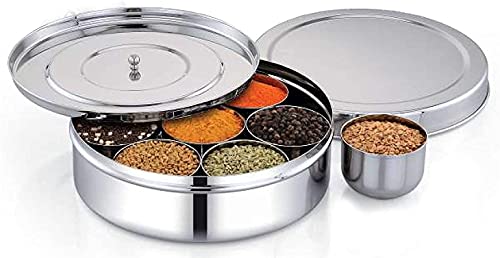 WhopperIndia Stainless steel Round Spice box Kitchen Masala Dabba 7 Compartments Double Lid, 9 Inch (Silver)