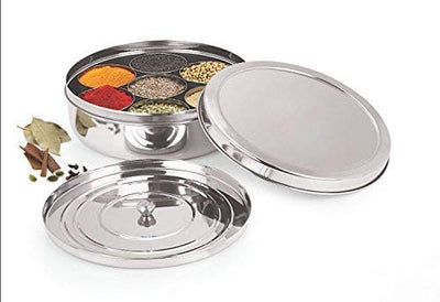 WhopperIndia Stainless steel Round Spice box Kitchen Masala Dabba 7 Compartments Double Lid, 9 Inch (Silver)