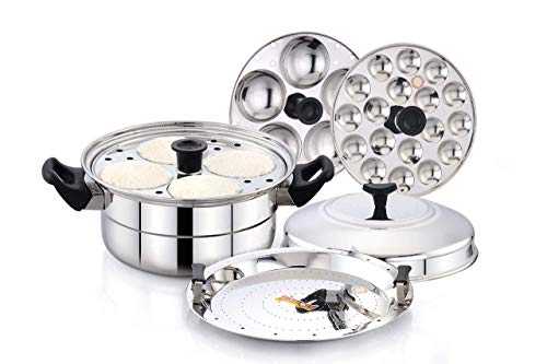 Idli Cooker Idli Maker Idli Steamers 1-Piece Stainless Steel Multi Steamer Pot- 1 Idli Plates (9Idlis),1 Mini Idli Plate (18 Mini Idlis) and 1 Multi Purpose Steamer/Idiyappam Induction Compatible