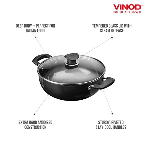 Vinod Black Pearl Hard Anodized Deep Kadhai with Glass Lid – Black - 3.1 Liters (3.2 Quarts) – 24cm – Riveted Handles - Multi-Use Pot/ Wok - Suitable For Indian Cooking, Sauces, Pasta, Stews, Soups