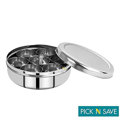 PNS Spice Box/Masala Dabba with 7 Compartments made out of Highest food grade stainless with FREE Serving spoon (20cm, Stainless Steel Lid)