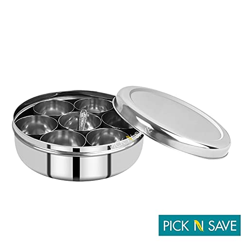 PNS Spice Box/Masala Dabba with 7 Compartments made out of Highest food grade stainless with FREE Serving spoon (20cm, Stainless Steel Lid)