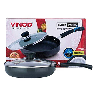 VINOD Black Pearl Hard Anodised Cookware Induction Friendly Frypan Frying Pan with Vented Lid Saute Saucepan for Kitchen 24cm (Pack of 1) (Dishwasher Safe)