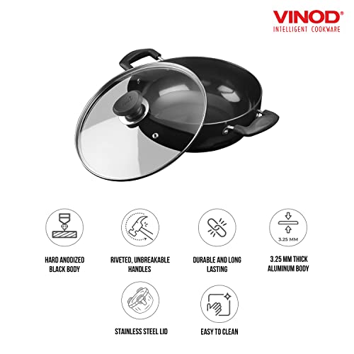 Vinod Black Pearl Hard Anodized Deep Kadhai with Glass Lid – Black - 3.1 Liters (3.2 Quarts) – 24cm – Riveted Handles - Multi-Use Pot/ Wok - Suitable For Indian Cooking, Sauces, Pasta, Stews, Soups