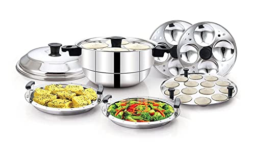 Stainless Steel Multi Kadai, Idli/Dhokla/Momos Maker & Steamer (12 idlis,2 Patra Plates, 1 Mini Idli Plate)