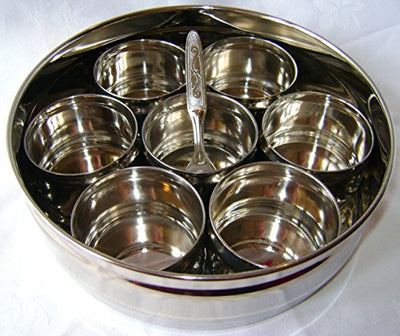 New Stainless Steel Masala Dabba Spice Canister Box with LID & 7 POTS Indian. PRIMA