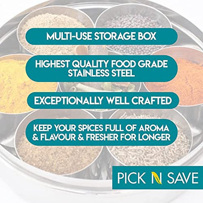 PNS Spice Box/Masala Dabba with 7 Compartments made out of Highest food grade stainless with FREE Serving spoon (20cm, Stainless Steel Lid)