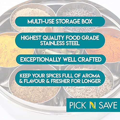 PNS Spice Box/Masala Dabba with 7 Compartments made out of Highest food grade stainless with FREE Serving spoon (20cm, Stainless Steel Lid)