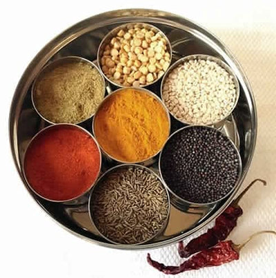 WhopperIndia Stainless steel Round Spice box Kitchen Masala Dabba 7 Compartments Double Lid, 9 Inch (Silver)