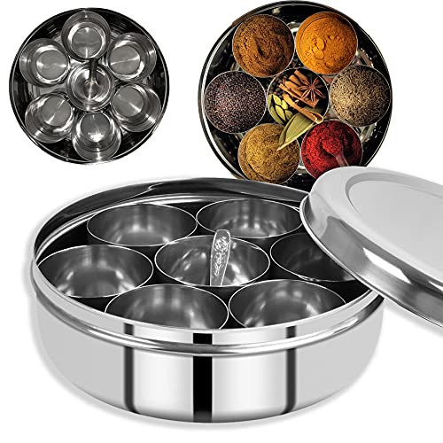 PNS Spice Box/Masala Dabba with 7 Compartments made out of Highest food grade stainless with FREE Serving spoon (20cm, Stainless Steel Lid)