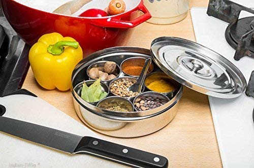 WhopperIndia Stainless steel Round Spice box Kitchen Masala Dabba 7 Compartments Double Lid, 9 Inch (Silver)