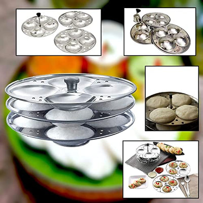 CosmicINT Stainless Steel Idli Maker Stand with 3 Plates and 12 Cavities 4 Cavities in 1 Plate - Makes 12 Idlis, Silver