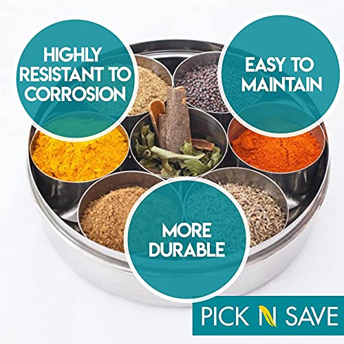 PNS Spice Box/Masala Dabba with 7 Compartments made out of Highest food grade stainless with FREE Serving spoon (20cm, Stainless Steel Lid)