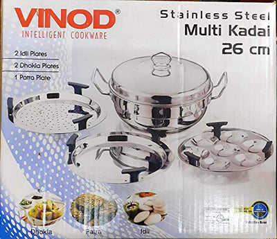 Modfash Vinod Stainless Steel 6 pcs Multi Kadai (Induction Friendly) with Stainless Steel lid, 2 idli Plates, 2 dhokla Plates and 1 patra Plate