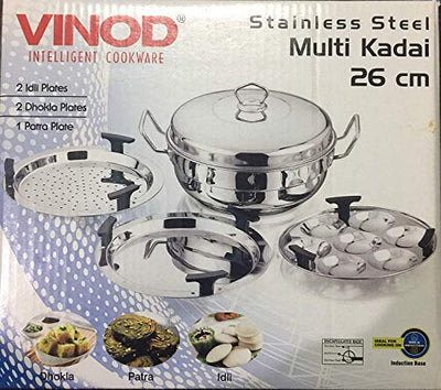 Modfash Vinod Stainless Steel 6 pcs Multi Kadai (Induction Friendly) with Stainless Steel lid, 2 idli Plates, 2 dhokla Plates and 1 patra Plate