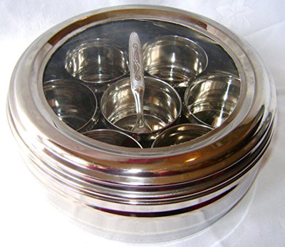 New Stainless Steel Masala Dabba Spice Canister Box with LID & 7 POTS Indian. PRIMA