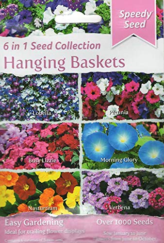 Hanging Baskets Flower Seeds 6in1: Lobelia/Nasturtium/Petunia/Verbena/Busy Lizzie/Morning Glory/6 in 1