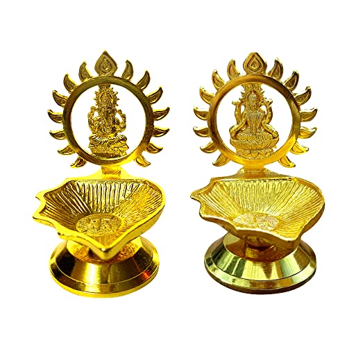 KSJONE Set of 2 Traditional Brass Kamatchi Vilaku/Kamakshi Devi Maa/Ganesha/Siddhivinayak Diwali Puja Jyoti Diya Deepawali Diya/Oil Lamp/Candle Tea Light Holder/Diwali Decoration 8.2 cm