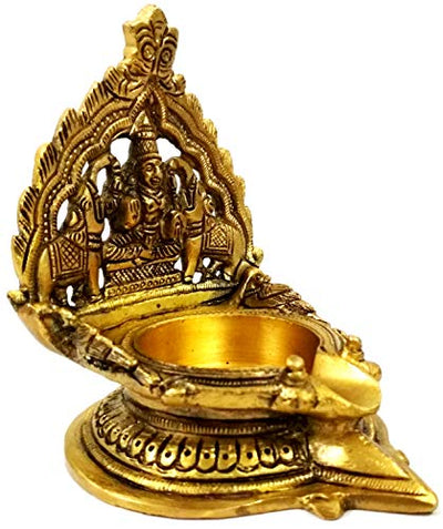 Purpledip Brass Kamatchi Vilakku: Ashta-Lakshmi Oil Lamp Diya for Wealth & Prosperity (11752)