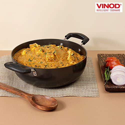 Vinod Black Pearl Hard Anodized Deep Kadhai with Glass Lid – Black - 3.1 Liters (3.2 Quarts) – 24cm – Riveted Handles - Multi-Use Pot/ Wok - Suitable For Indian Cooking, Sauces, Pasta, Stews, Soups