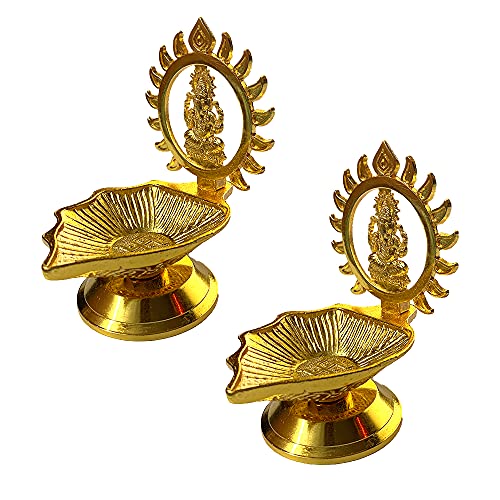 KSJONE Set of 2 Traditional Brass Kamatchi Vilaku/Kamakshi Devi Maa/Ganesha/Siddhivinayak Diwali Puja Jyoti Diya Deepawali Diya/Oil Lamp/Candle Tea Light Holder/Diwali Decoration 8.2 cm