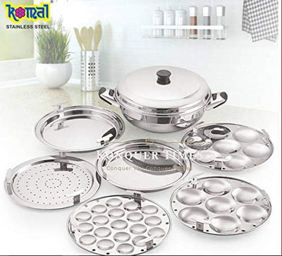 Komal Multi Kadai with Induction Bottom 6 Pcs Set,1-Steamer Plate,1 Mini Idli Plate (19 Cavities),2 Idli Plates,2 Dhokla Plates,Silver